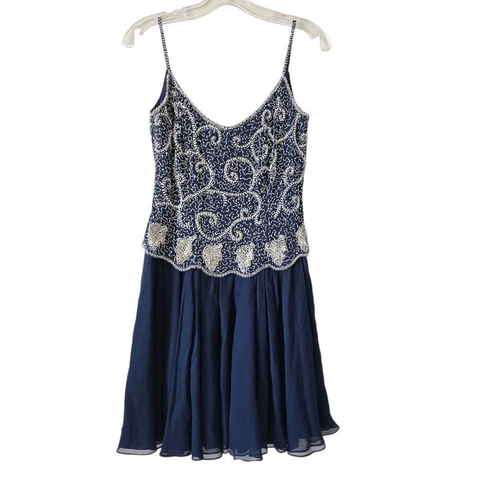 BLACK TIE OLEG CASSINI Elegant Navy Blue Beaded Dress 100% Silk Size 6 Glam Prom